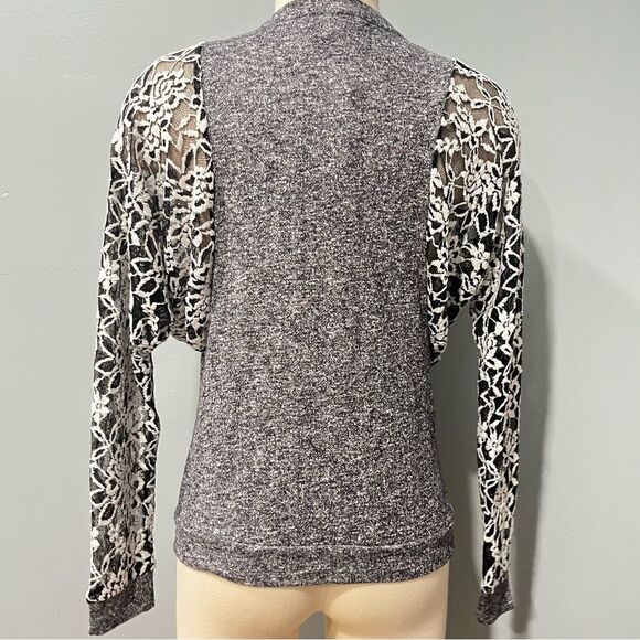 The Cue Cherqu Heather Grey Knit Crewneck with Sheer Lace Batwing Long Sleeves - Picture 2 of 5
